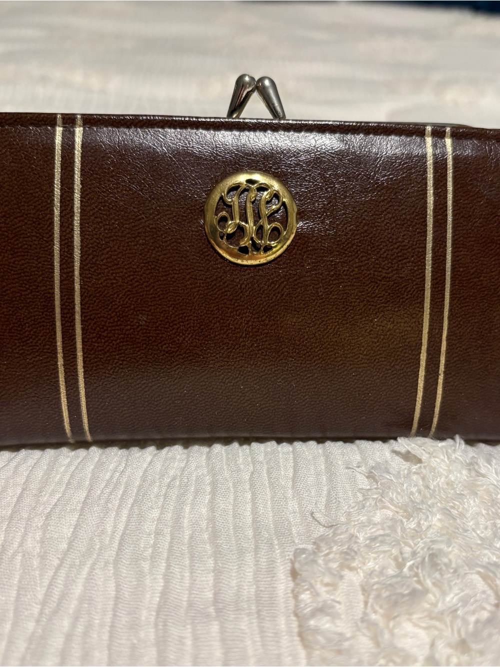 VTG Amity Brown Leather French Trifold Wallet Kiss Lock Purse Custom Monogram
